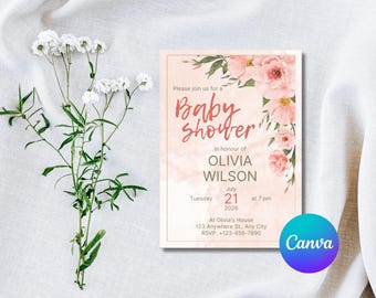 Elegant Blush Floral Baby Shower Invitation Template | Digital Download To a CANVA LINK