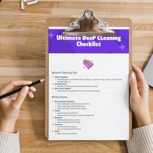 May include: A checklist on a clipboard with the title "Ultimate Deep Cleaning Checklist". The checklist includes general cleaning tips and a list of tasks to clean the whole house, including dusting, cleaning floors, windows, furniture, and other areas.