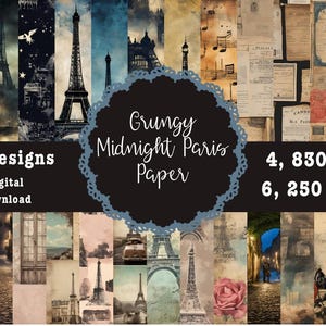 Papiers numériques Midnight Paris : arrière-plans de journaux vintage français avec du papier de scrapbooking Tour Eiffel et des fournitures pour journaux indésirables du ciel nocturne