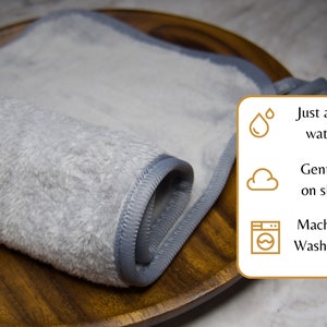 No need for chemicals, just add water. Ultra soft microfibre is gentle on the skin.  The face cloth is reusable and machine washable.