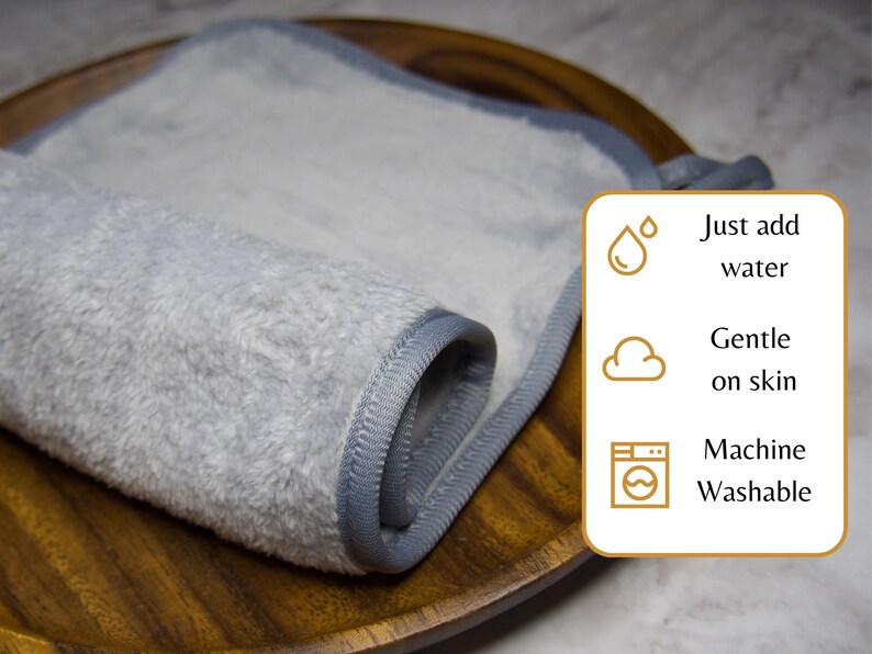 No need for chemicals, just add water. Ultra soft microfibre is gentle on the skin.  The face cloth is reusable and machine washable.