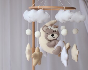 Toupe baby mobile bear on moon Nursery modern decor Cot mobile Neutral baby shower Teddy bear theme Hanging room Moon mobile Clouds mobile