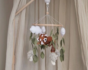 Panda rouge mobile Décor de pépinière neutre Feutre mobile Boho pépinière mobile Lit suspendu mobile Cadeau de douche Nouveau cadeau de bébé Thème panda rouge