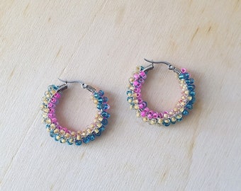 Rainbow Hoop Earrings, Colorful Beaded Jewelry, Handmade Barbie Hoops, 90s Earrings