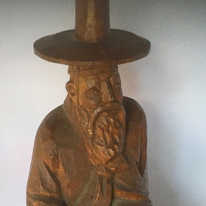 Intricate Hand Carved Wood Asian Man Resting Sitting Cross-leg on Rock Wooden Figurine Fu Manchu Confucius