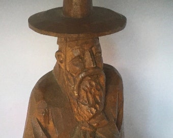 Intricate Hand Carved Wood Asian Man Resting Sitting Cross-leg on Rock Wooden Figurine Fu Manchu Confucius Beautifully Detailed