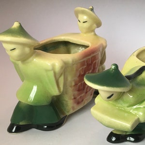 Pair Vintage Shawnee Pottery Planters Coolie w Cart Gold Chinese with Basket USA 539 & 537 Farmer Pulling Cart Men Carrying Basket Green Hat