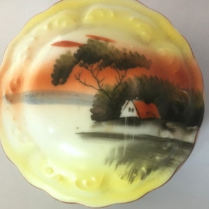 Porcelain Trinket Jewelry Ring Round Box House on Lake Tree Meadow Cottage Pond Made Japan Orange Yellow Horizon Water Shore Embossed Edges