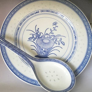 Translucent Rice Pattern Marked  Guangming Porcelain Wanyu Rice Grain 10&quot; Plates and Oversized Won Ton Asian Spoon 9” Soup Spoon Long Handle