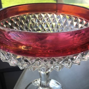 Elegant Indiana Glass Co Diamond Point Cut Cranberry Red Glass Large Compote Pedestal Footed Centerpiece Urn Dinnerware Serving Ware Fancy