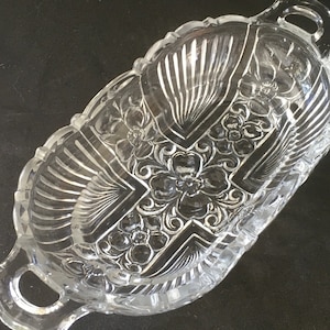 Indiana Glass Killarney Pattern Clear Handled Relish Dish Olive Bowl Nut Candy Fruit Trinket Jewelry Celtic Cross Floral Appetizer Serving