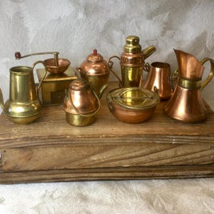 8 Piece Japan Vintage Miniature Copper Brass Dollhouse Kitchen Set Coffee Pot Grinder Percolator Kettle Cookware Country Farmhouse Decor