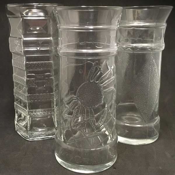 Collectors Red Lobster Drinking Glass Set or Individual Clear Glass Textured Tableware Barware Crabfest Crab Sailboat Lighthouse Hexagon