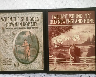 Choice Antique Framed Sheet Music 1916 When Sun Goes Down Romany or 1912 Twilight Round Old New England Home Vintage Tin Pan Alley Wall Art