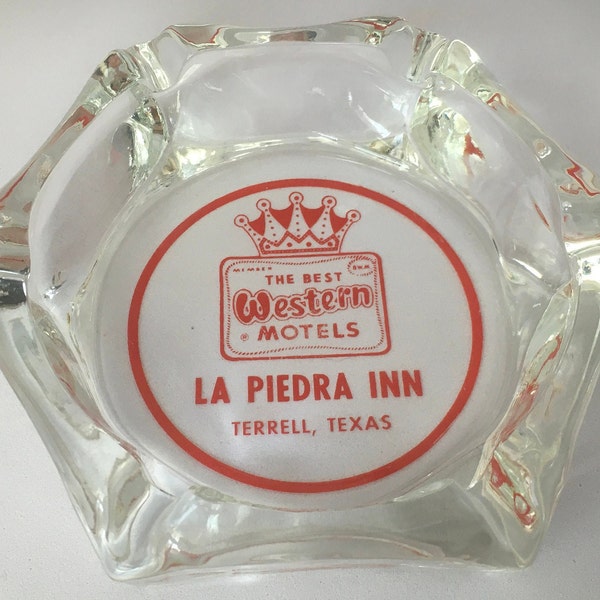 Vintage Ashtray Trinket Dish Best Western Motels La Piedra Inn Terrell Texas Octagon Clear Glass with Red Graphic logo