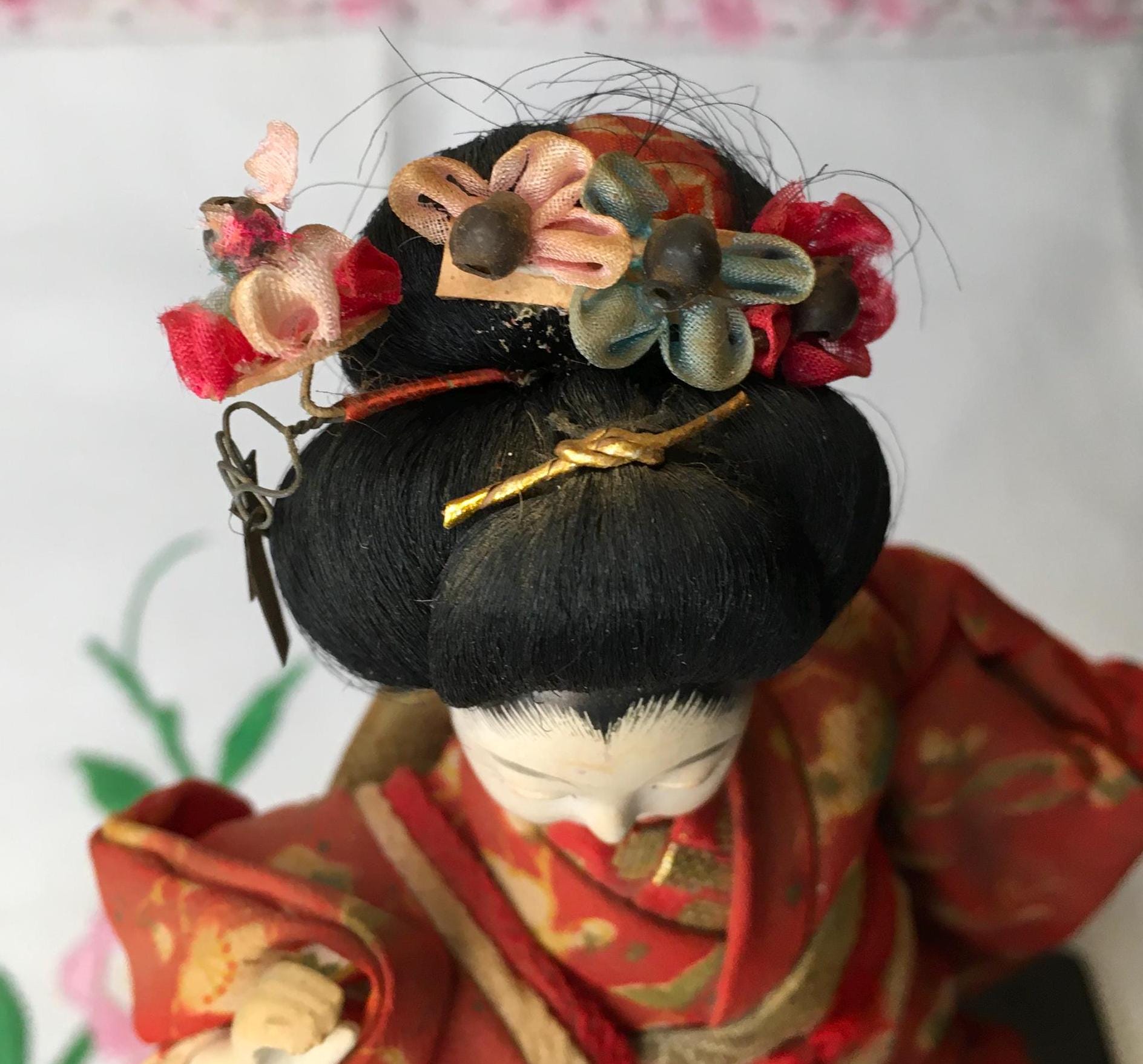 Rare Midcentury Vintage Japanese Porcelain Doll in Red Decorative