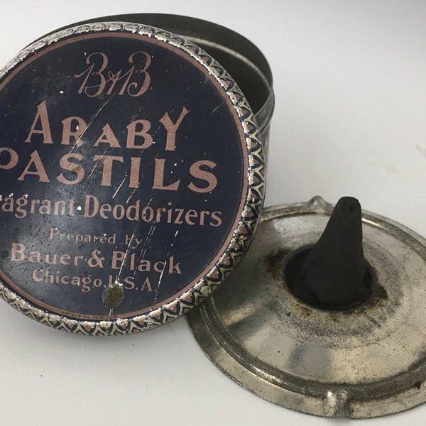 vintage Araby Pastils Encens Désodorisants parfumés par Bauer & Black Chicago Ill Round Tin Container Publicité Pharmacie Cobalt Blue Tin