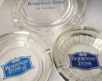Three Vintage Rodeway Inns of America Ashtray with Matchbook Trinket Dishes Clear Glass Blue Graphic logo Memorabilia, Americana