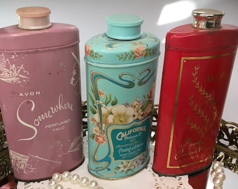 Choice Collectible Avon Perfume Talc Tins Somewhere, Persian Wood, or California 1977 Anniversary Keepsake Tin Jars Vintage Vanity Decor