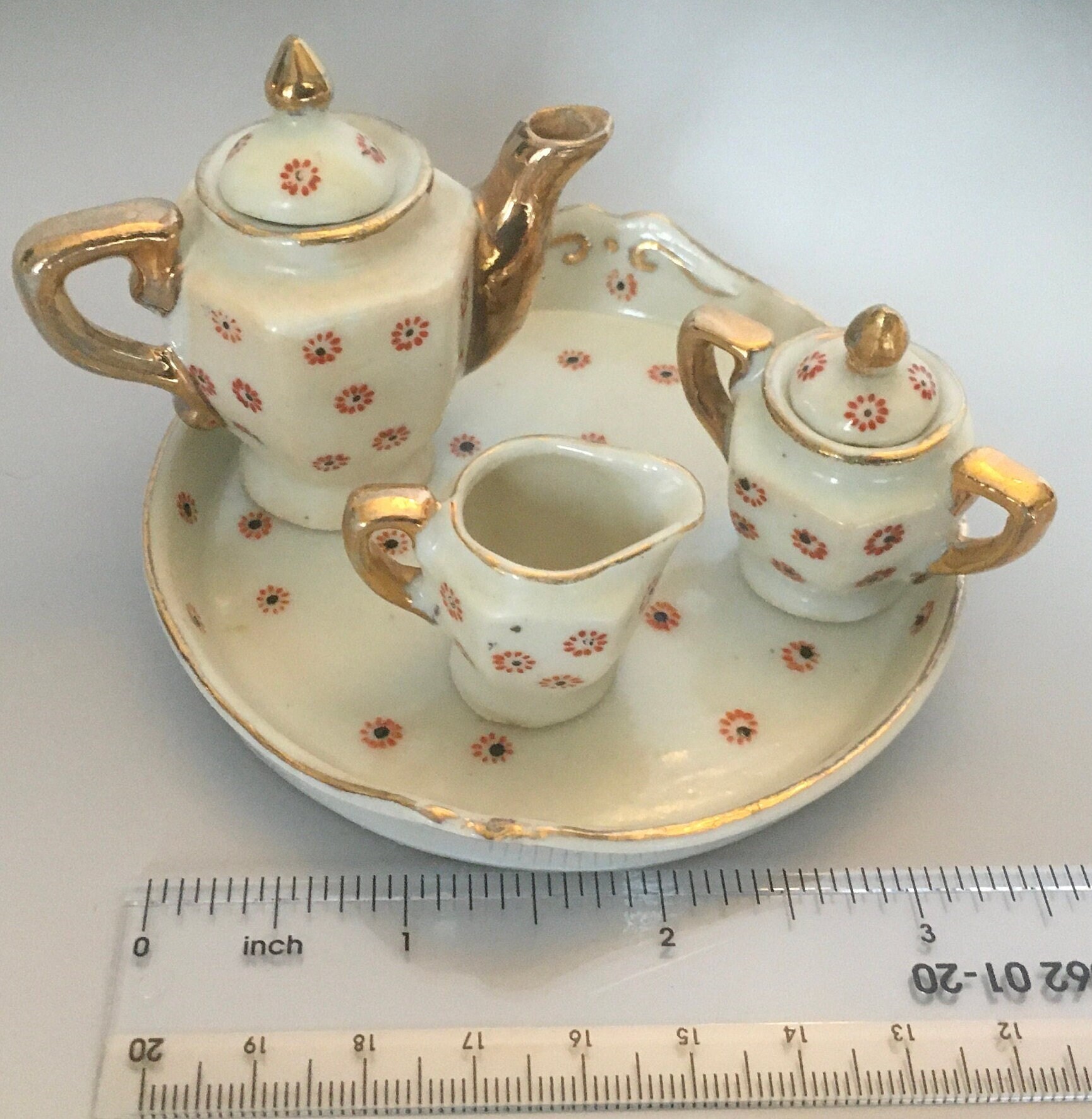 江戸期　骨董　茶器セット perfect condition! Luxury Tea Set, Rose, Branch Handle, Gold Lustre, Tea Pot
