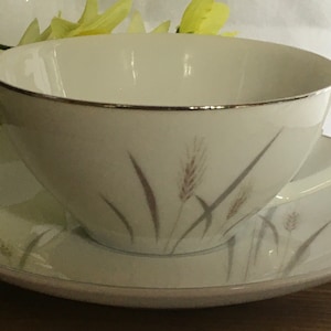 Platinum Wheat Cup and Saucer Set Fine China Japan White Silver Trim Country Cottage Art Coffee Service Tea Service