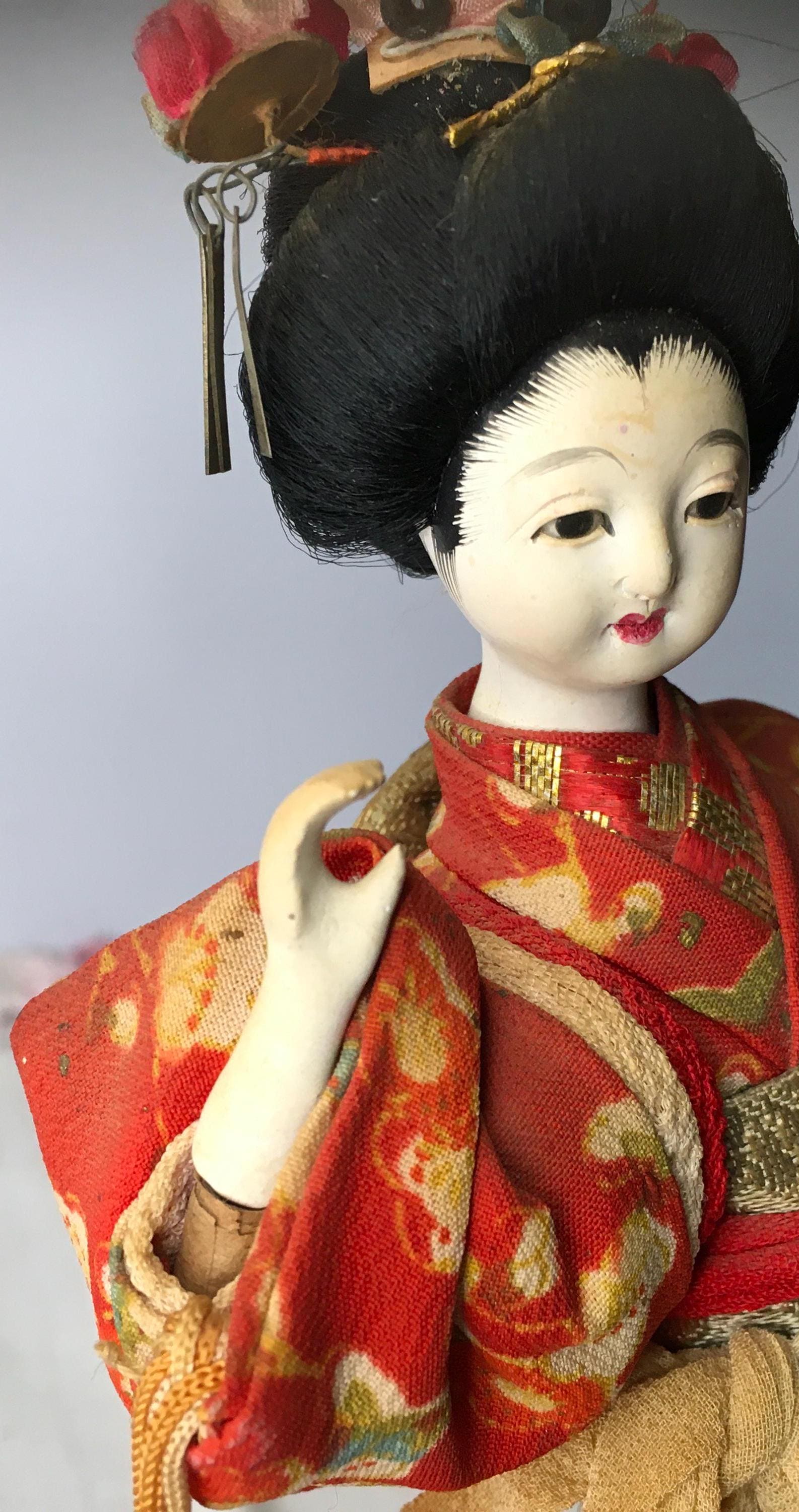 Rare Midcentury Vintage Japanese Porcelain Doll in Red Decorative