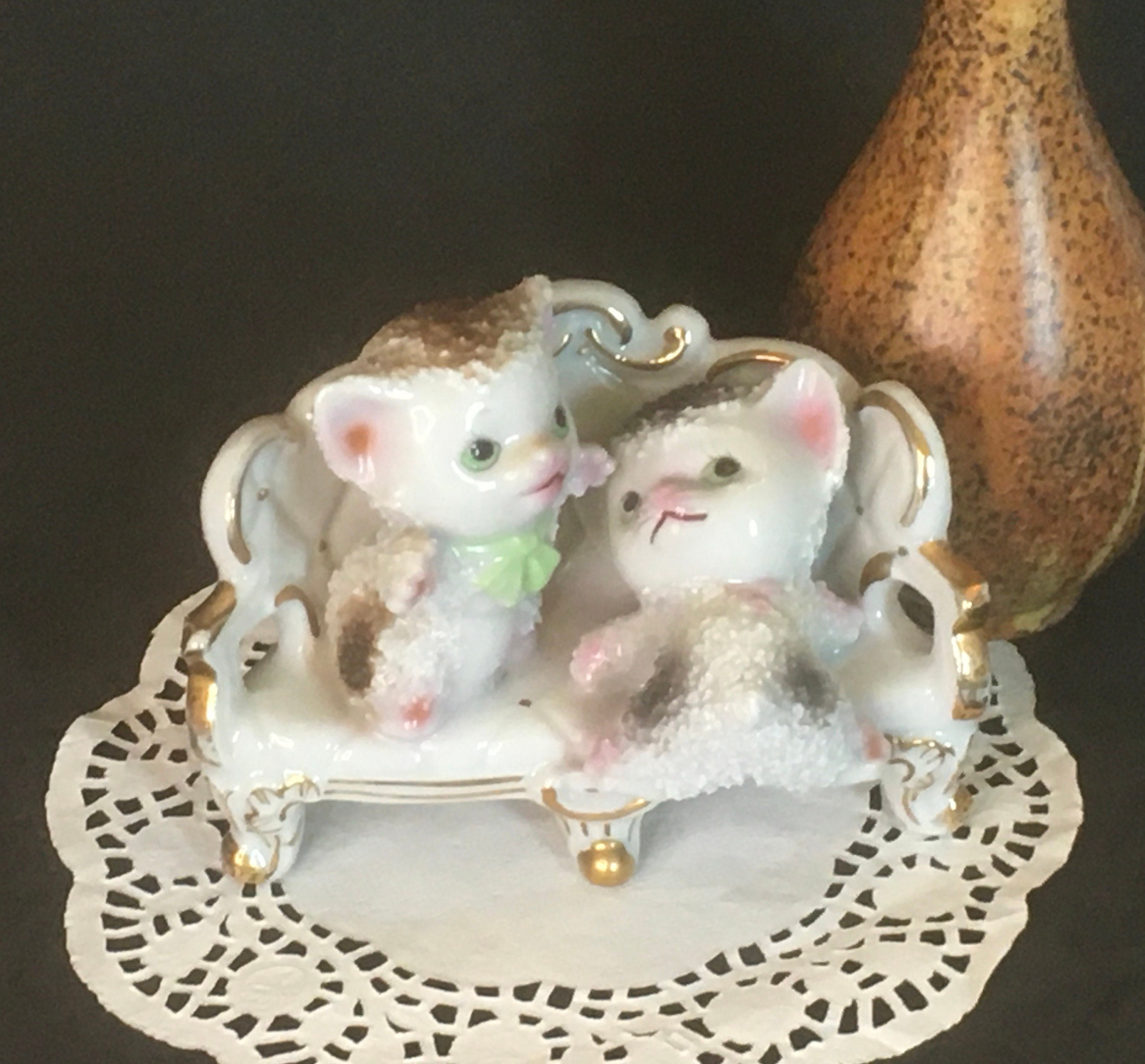 Vintage Sugar Glazed Porcelain Figurine Ornery Kitty Cats Kittens on Couch Collectible Display Knickknack Décor Mark N in C 6056A