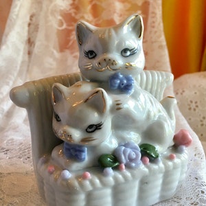 Vintage Cats Kittens in A White Basket with Flowers Glossy White Porcelain Colorful Roses Whimsical Figurine Gift Cat Lover