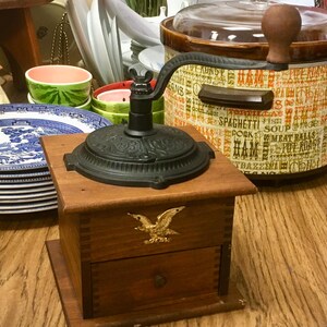Vintage Wooden Hand-Crank Coffee Mill Grinder Cast Iron Top Gold-Colored Eagle Emblem Drawer Box Farmhouse Decor