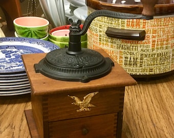 Vintage Wooden Hand-Crank Coffee Mill Grinder Cast Iron Top Gold-Colored Eagle Emblem Drawer Box Farmhouse Decor
