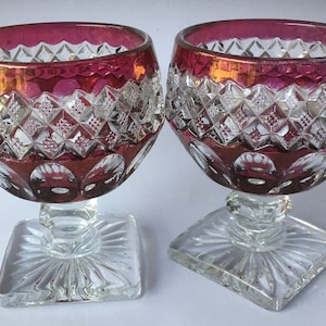 Pair Ruby Red Flash Goblets by Westmoreland Diamond Point Cut Pedestal Stem Wine Drinking Glass Elongate Thumbprint Square Rib Base
