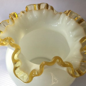 Elegant Fenton Double Crimped Ruffled Milk Glass Bowl Amber Crest Yellow Rim Gold Crest Vase Centerpiece Candle Holder Flower Holder Urn