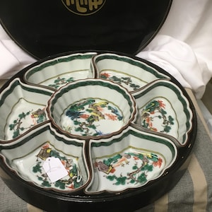 Vintage Japanese Kutani Porcelain Condiment Serving Set Hand-Painted Seven-Section w/Box Snack Tray Hors D’oeuvres Midcentury Table Setting