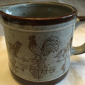 Vintage Enesco Fair Winds Oven Proof Tableware Brown Speckled Rooster Wind-vane Chocolate Trim Creamer Cup Spout Farmhouse Country Decor