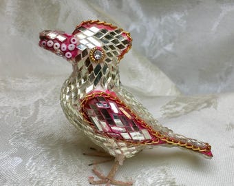 Decorative Handcrafted Mosaic Bird Figurine Art Ornament Craft Mirror Pieces Beads Gold Chain Pink Accent Boho Home Décor Glam Life