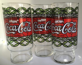 Set of 1970s Nostalgic Drink Coc-cola Stained Glass Red and