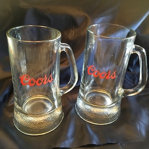 Coors Bottom Heavy Clear Glass Beer Mug - Set of Two Home Bar Decor Poker Room Decor American Beer Advertising Graphics