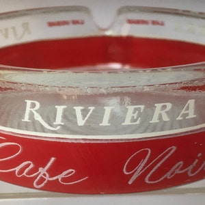 Vintage Las Vegas Riviera Cafe Noir Lighthouse Delmonico Antique Glass Ashtray Trinket Dish Clear Glass Red Graphics Casino