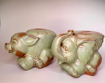 Wahl Vintage Frankoma Sparschwein Elefant mit Korb Lächelndes Schwein mit Korb Prairie Green Excellent # 381 # 380 Gummistopfen