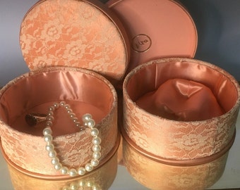 Vintage Beautiful Peach Pink Lace & Satin Presentation Box by Evyan Perfumes Trinket Jewelry Centerpiece Potpourri Holder