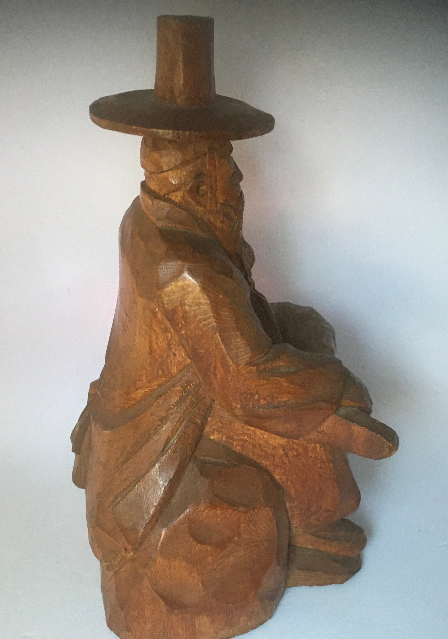 Intricate Hand Carved Wood Asian Man Resting Sitting Cross-leg on