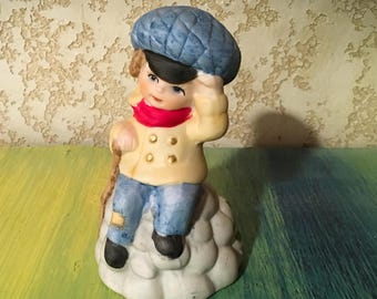 1978 Jasco Dutch Boy Porcelain Nostalgic Merri Bell Boy on Pile of Stones Rocks w/Cane Tipping Hat Christmas Berries Christmas Table Decor