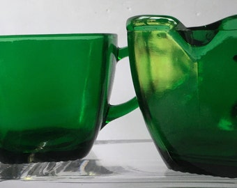 Green Glass Anchor Hocking Emerald Green Square Tea Set or Individual Tea Service Coffee Cup Teacup Handled Sugar Bowl Creamer Midcentury