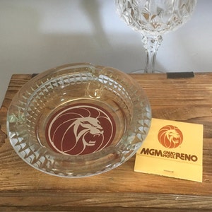 Vintage MGM Grand Hotel Reno Casino Las Vegas Nevada Embossed Glass Ashtray Red Lion Trinket Dish Caruso&#39;s Matches Matchbook Memorabilia