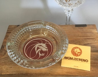 Vintage MGM Grand Hotel Reno Casino Las Vegas Nevada Embossed Glass Ashtray Red Lion Trinket Dish Caruso&#39;s Matches Matchbook Memorabilia
