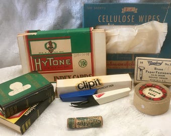 Vintage Office Supply Ephemera Lot Dennison Tab Label Johnson Cellulose Pioneer Clipit Paper Cutter HyTone Index Scotch Tape Paper Goods