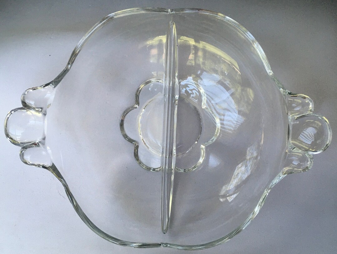 Clear Glass Divided Relish Tray Serving Dish Flower Base Petal Handles