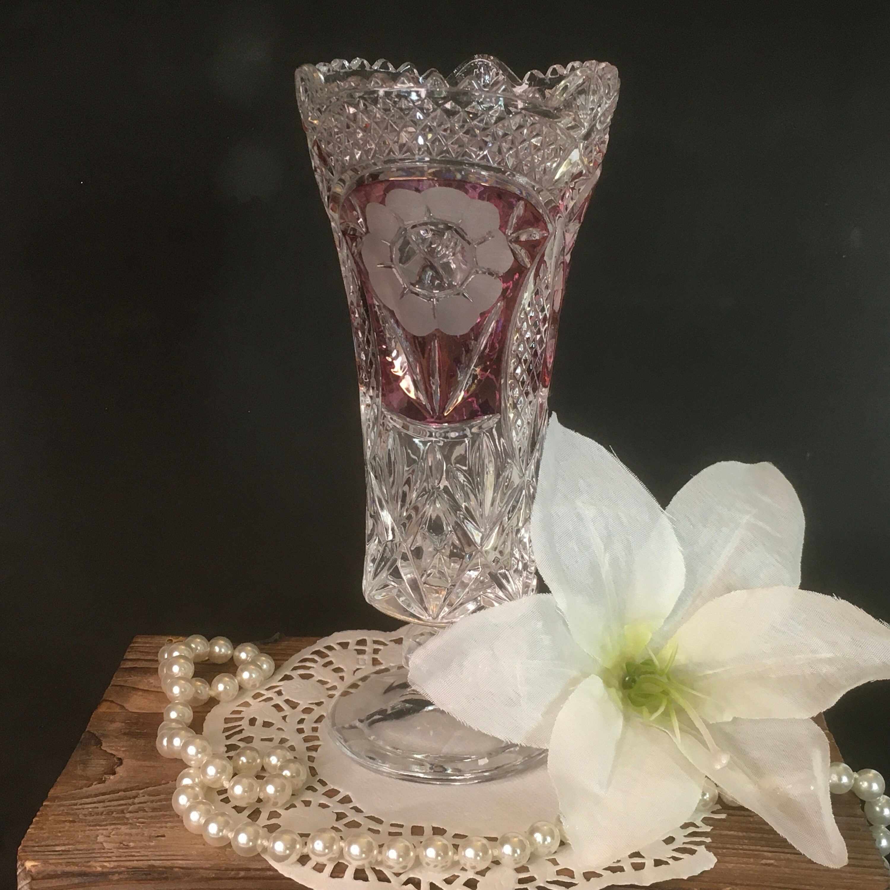Vintage Ornate Cut Crystal Clear & Red Flash Sawtooth Edge Diamond