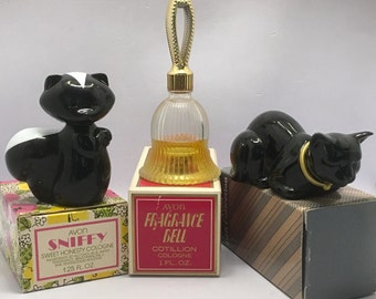 Choice Vintage Avon Cotillion Sweet Honesty Cologne Collectible Heirloom Black Cat Sniffy Skunk Fragrance Bell Purrfect Cat Decanter w/ Box