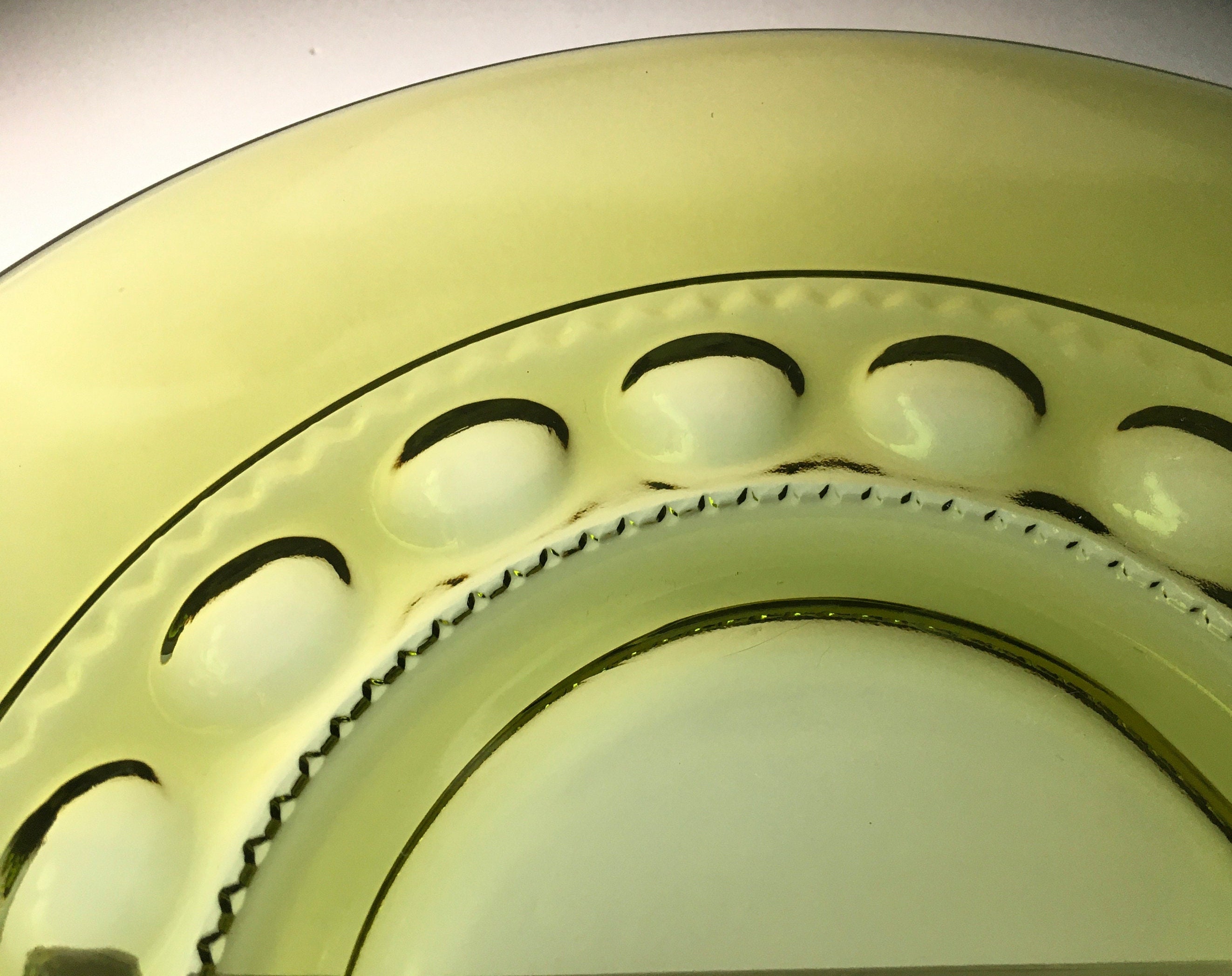 Pair Two Indiana Glass Co Avocado Green Kings Crown Thumbprint Transparent Olive-Green Salad Sandwich Side Plate Luncheon Plate